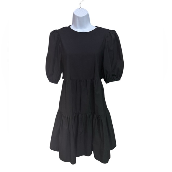 Zara Black Puff Sleeve Tiered Poplin Tie Detail Open Back Mini Dress Size Small - Picture 3 of 7